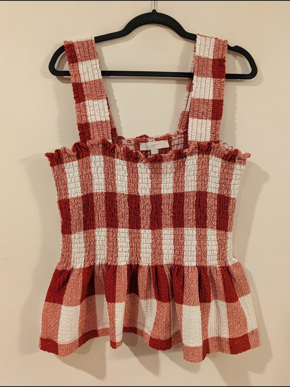 LOFT Red and White Gingham Smocked Peplum Tank